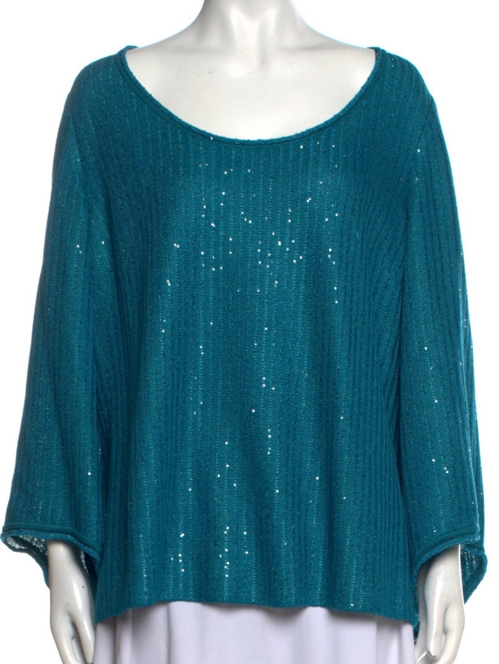 St. John Teal Sequin Ribbed Knit Top, Xl